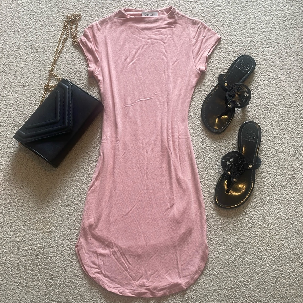 Black Bead Pink Bodycon Mini Dress Cap Sleeve Fully Lined Crew Neck Small